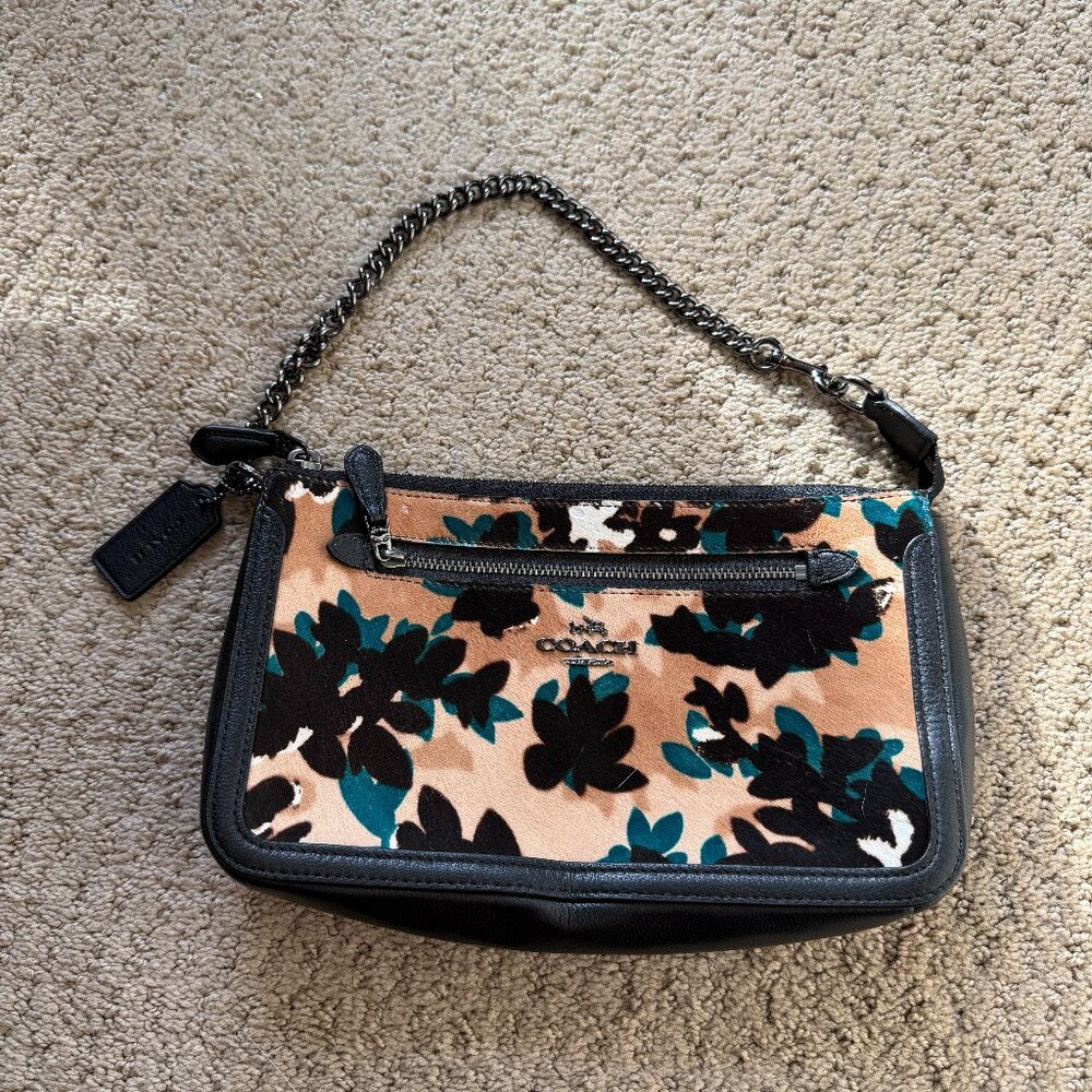 Coach – Haircalf Floral Print Chain Strap Shoulder Bag Black Leather Trim